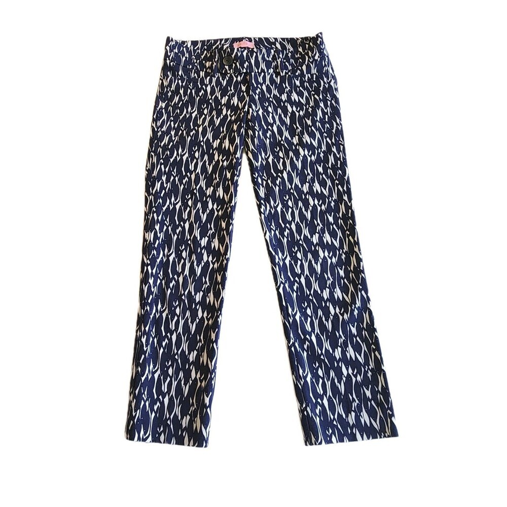 Lilly Pulitzer Cropped Pants Sz 2 Navy White Coastal Fish Print Preppy Resort